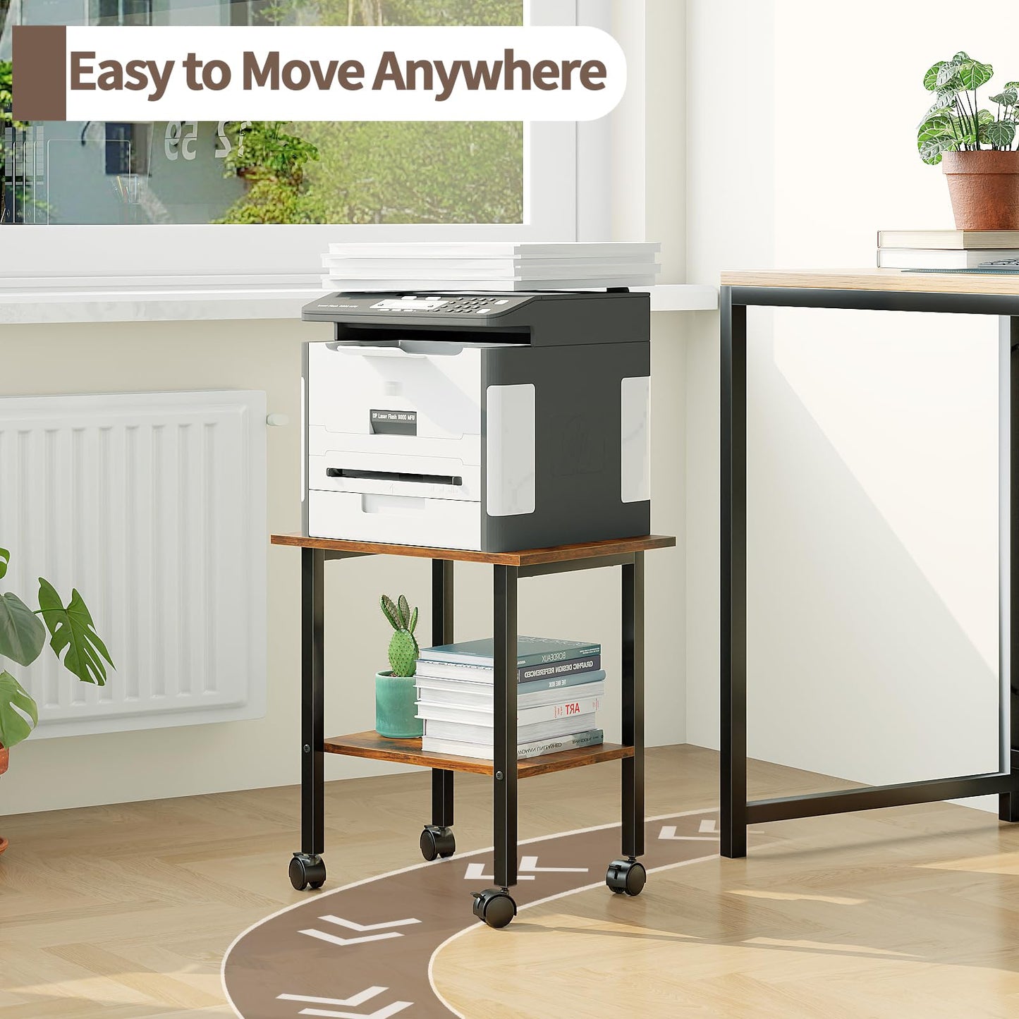 YQ JENMW 2 Tier Printer Stand with Storage, Under Desk Printer Table, Space-Saving Printer Table with Locking Wheels, Rolling Printer Cart for Home Office, Rustic Brown