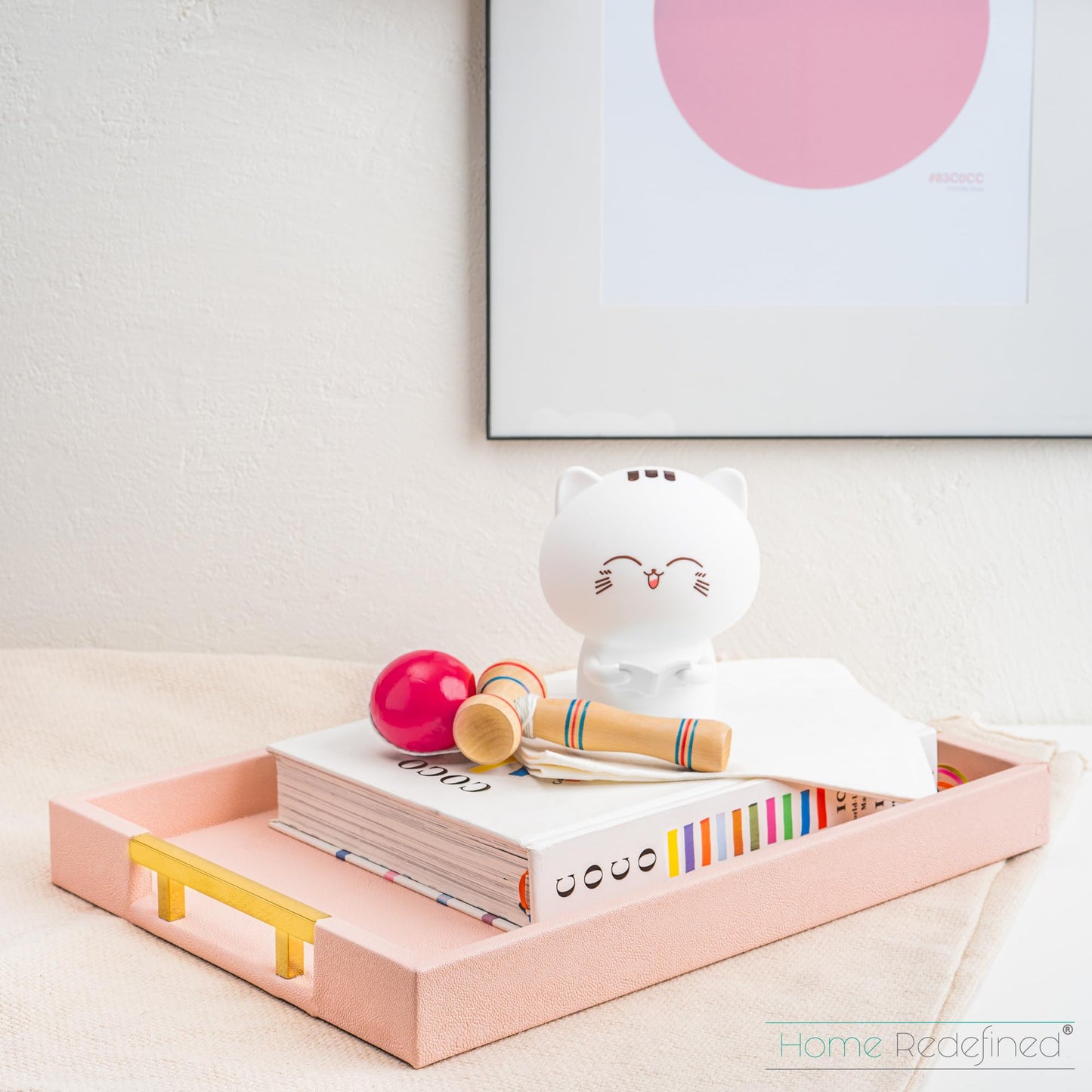 Home Redefined Modern Elegant 17.5"x12" Rectangle Baby Pink Tray Glossy Shagreen Faux Leather Decorative Ottoman Coffee Table Perfume Dresser Kitchen Serving Tray with Gold Polished Metal Handles.
