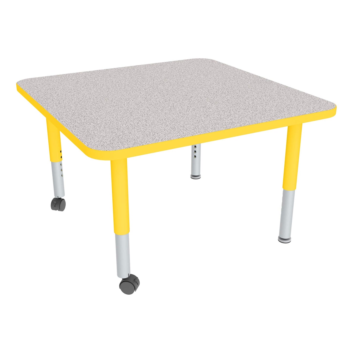 Sprogs Adjustable Height Mobile Classroom Activity Table for Preschools, Square Preschool Activity Table with Casters, 48" D x 48" W x 23" H, Gray/Yellow