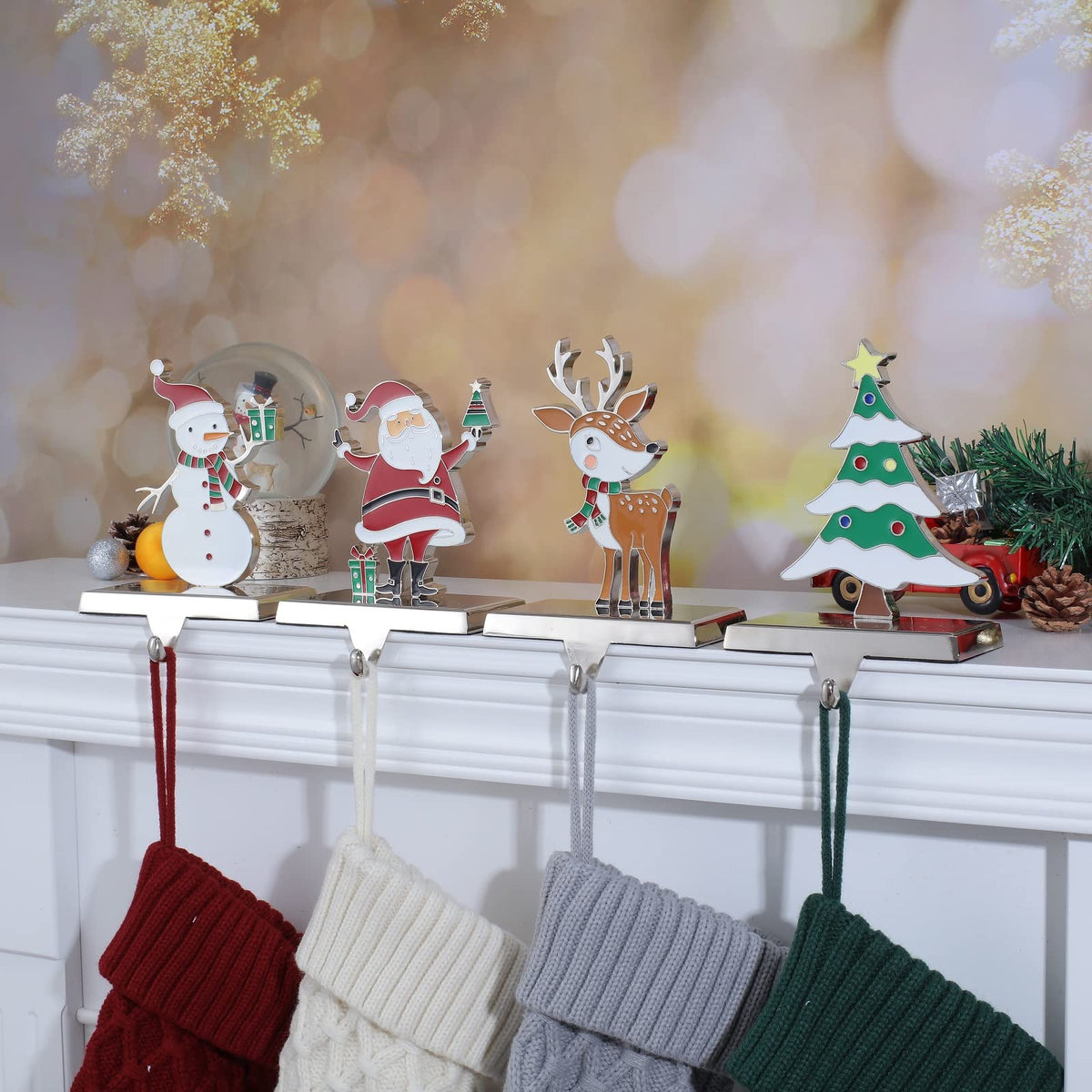 Baseo Christmas Stocking Holders Set of 4 Metal Christmas Stocking Holders for Fireplace-Xmas Deer Snowman Tree Santa Christmas Stocking Holder for Mantle-Stocking Hangers for Fireplace Topper