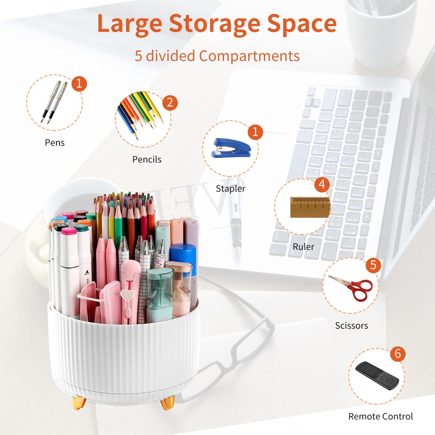 EDENMS Desk Pencil Pen Holder, 5 Slots 360°Degree Rotating Pen Organizers for Desk, Desktop Storage Stationery Supplies Organizer, Cute Pencil Cup Pot for Office, School, Home, Art Supply, White