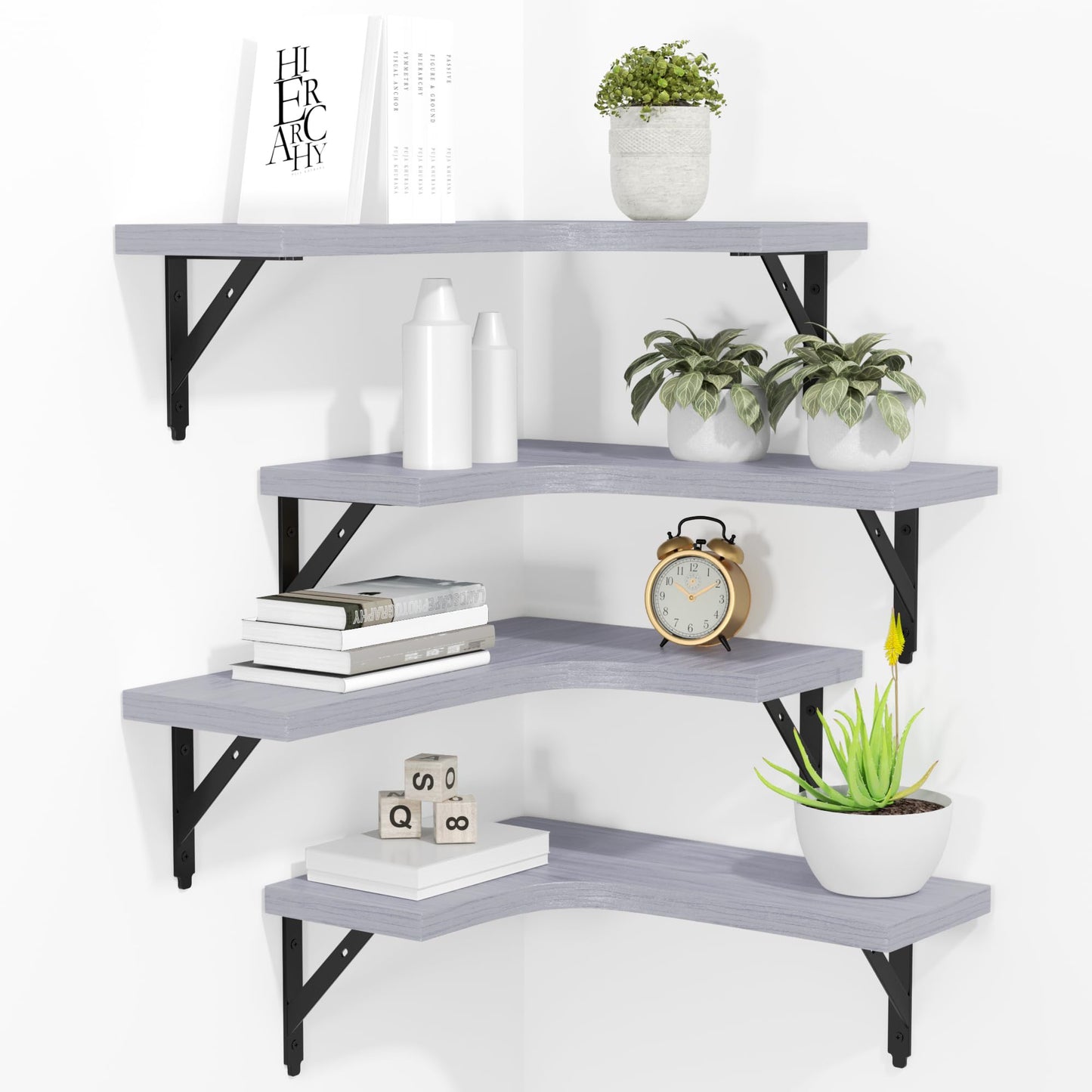 ROMGUAR CRAFT Corner Floating Shelves Wall Mounted Set of 4, Rustic Wood Storage Display Shelves for Home Decor, Bathroom, Kitchen, Bedroom, Living Room, Office (Light Grey)