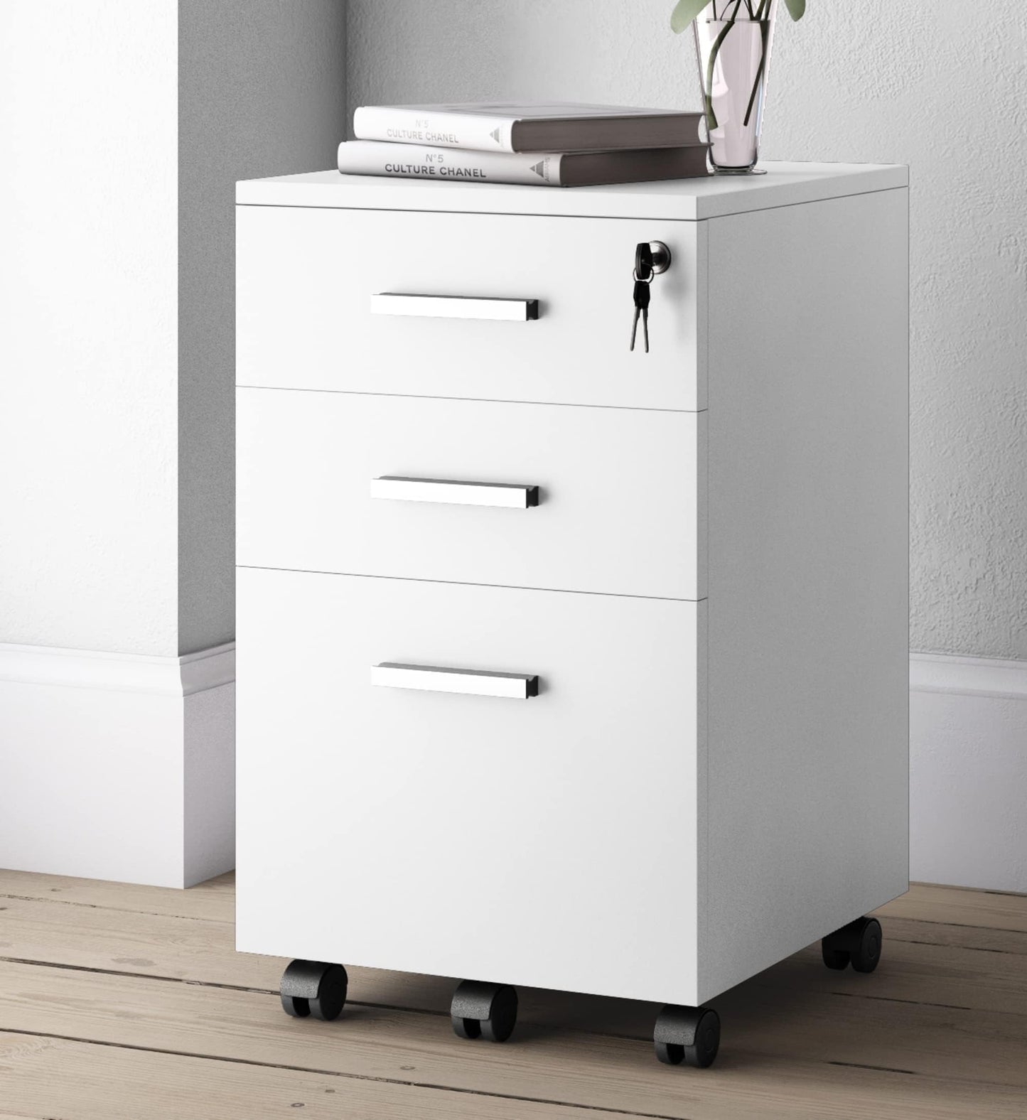 Modern Design Lazio White File Cabinet, Filing Cabinets for Home Office, Drawers for Under Desk, Locking 3 Drawer Rolling Wood File Cabinet with Lock, by Crafts and Comfort