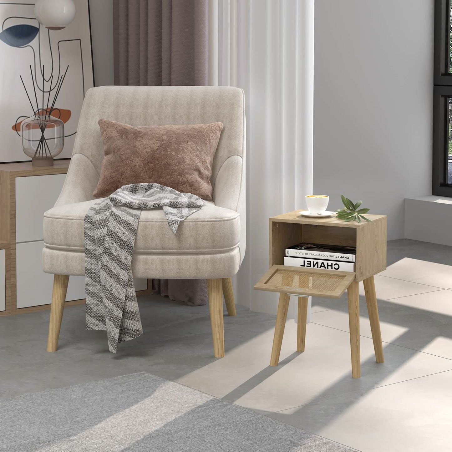 LAATOOREE Nightstand Set of 2, Small Bedside Table, Boho Side End Table, Rattan Door, Solid Wood Feet for Bedroom and Living Room