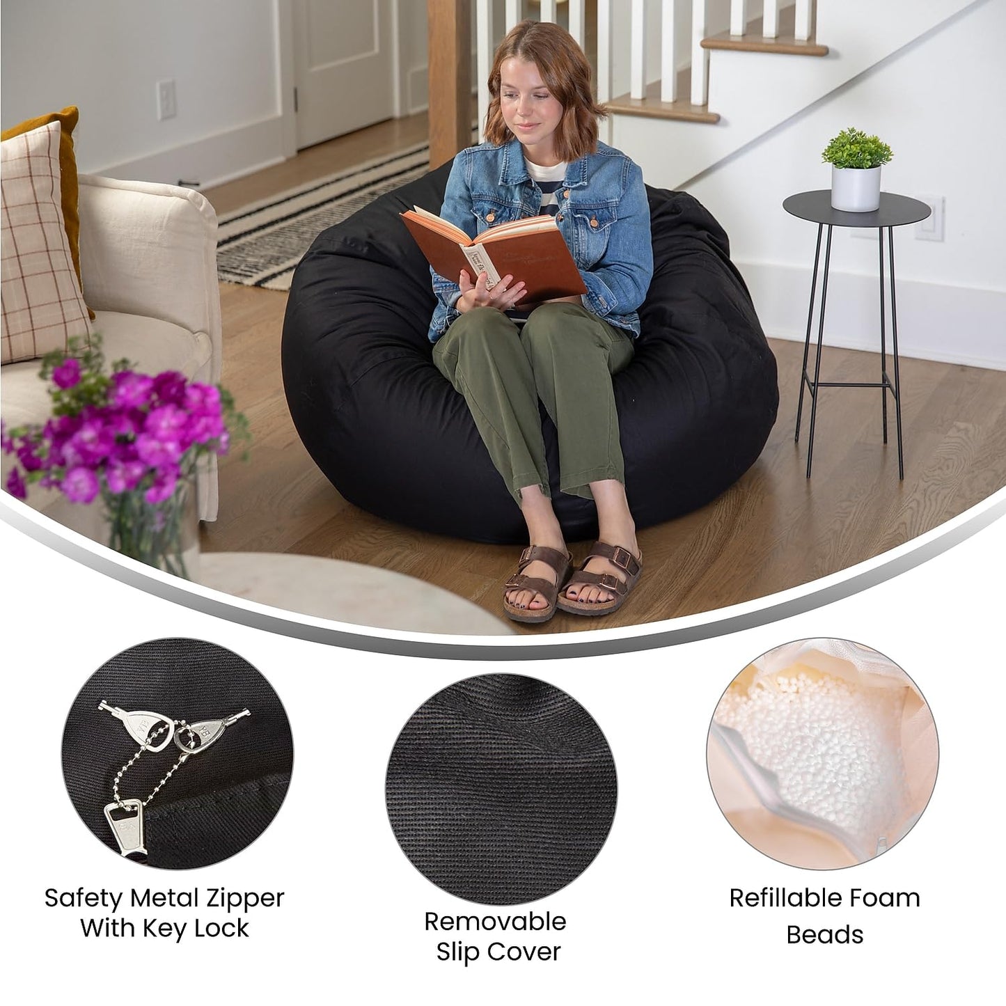 Flash Furniture Duncan Oversized Solid Black Bean Bag Chair for Kids and Adults