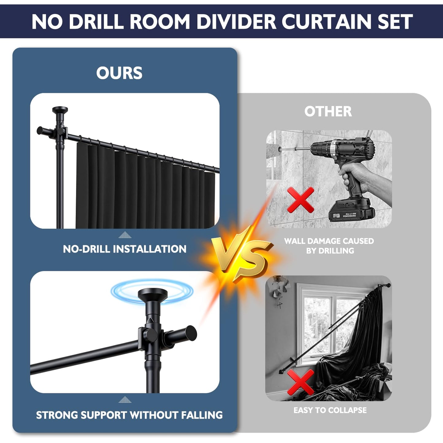 GONNRLY Room Divider Curtains, No Drill Privacy Curtain Set with Retractable Rod, Tool-Free Blackout Room Divider for Bedroom Black-100 W x 84" L(Pack of 1)