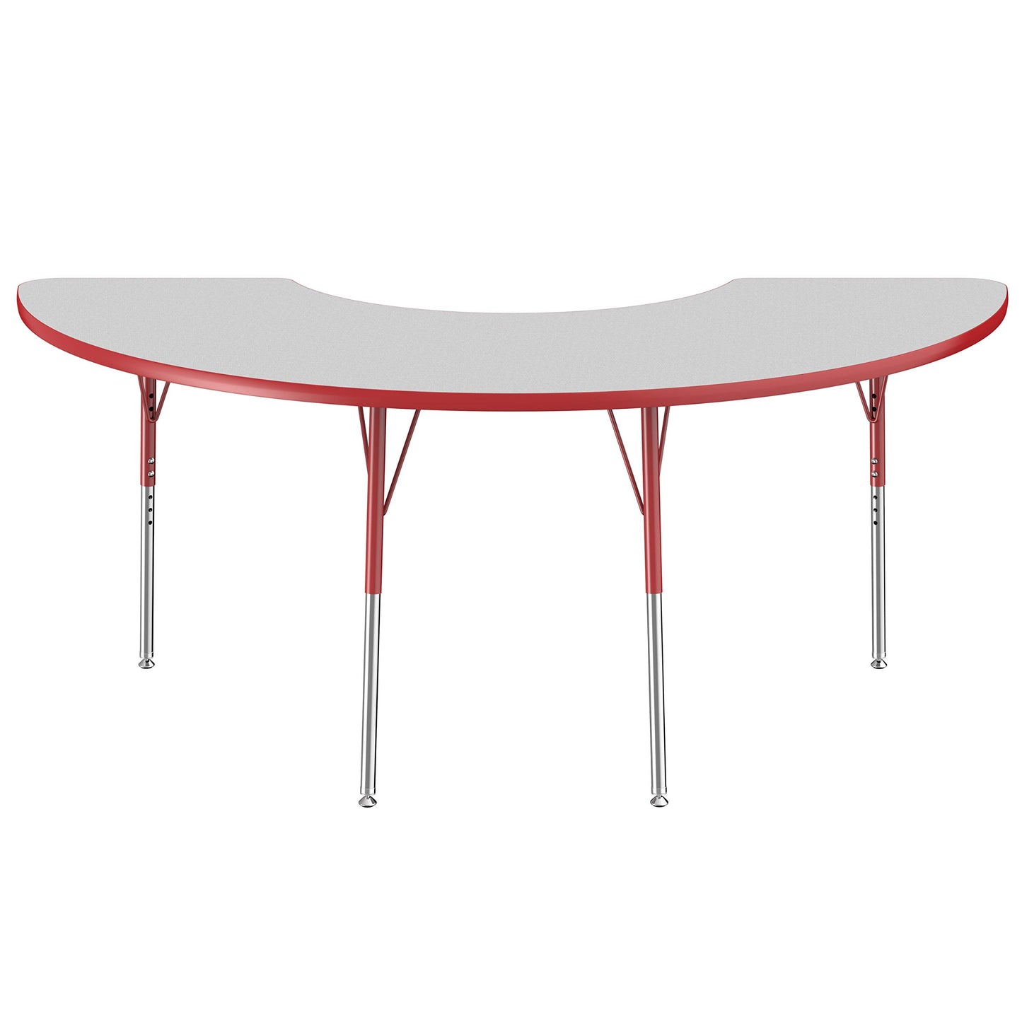 FDP Half Moon Activity School and Office Table (36 x 72 inch), Standard Legs with Swivel Glides for Collaborative Seating Environments, Adjustable Height 19-30 inches - Gray Top and Red Edge