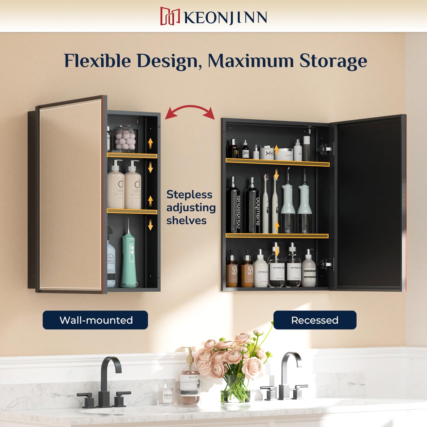 Keonjinn 20" x 26" Medicine Cabinets with Mirror for Bathroom, Oil Rubbed Bronze Bathroom Mirror with Storage, Fully Assembled, Recessed or Wall-Mounted Aluminum Alloy Framed Beveled Mirror
