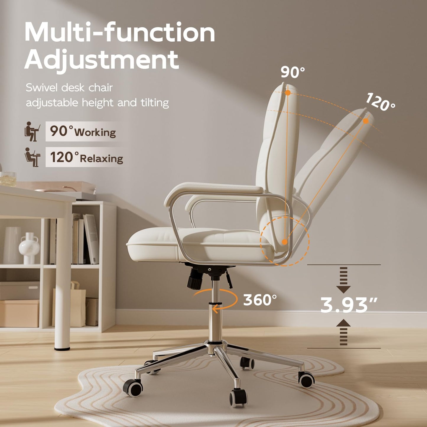 HomeZeer White Office Chair, Mid Back Leather Desk Chair with Wheels and Padded Arms, Swivel Vanity Chair for Bedroom, Computer Chair for Study and Work