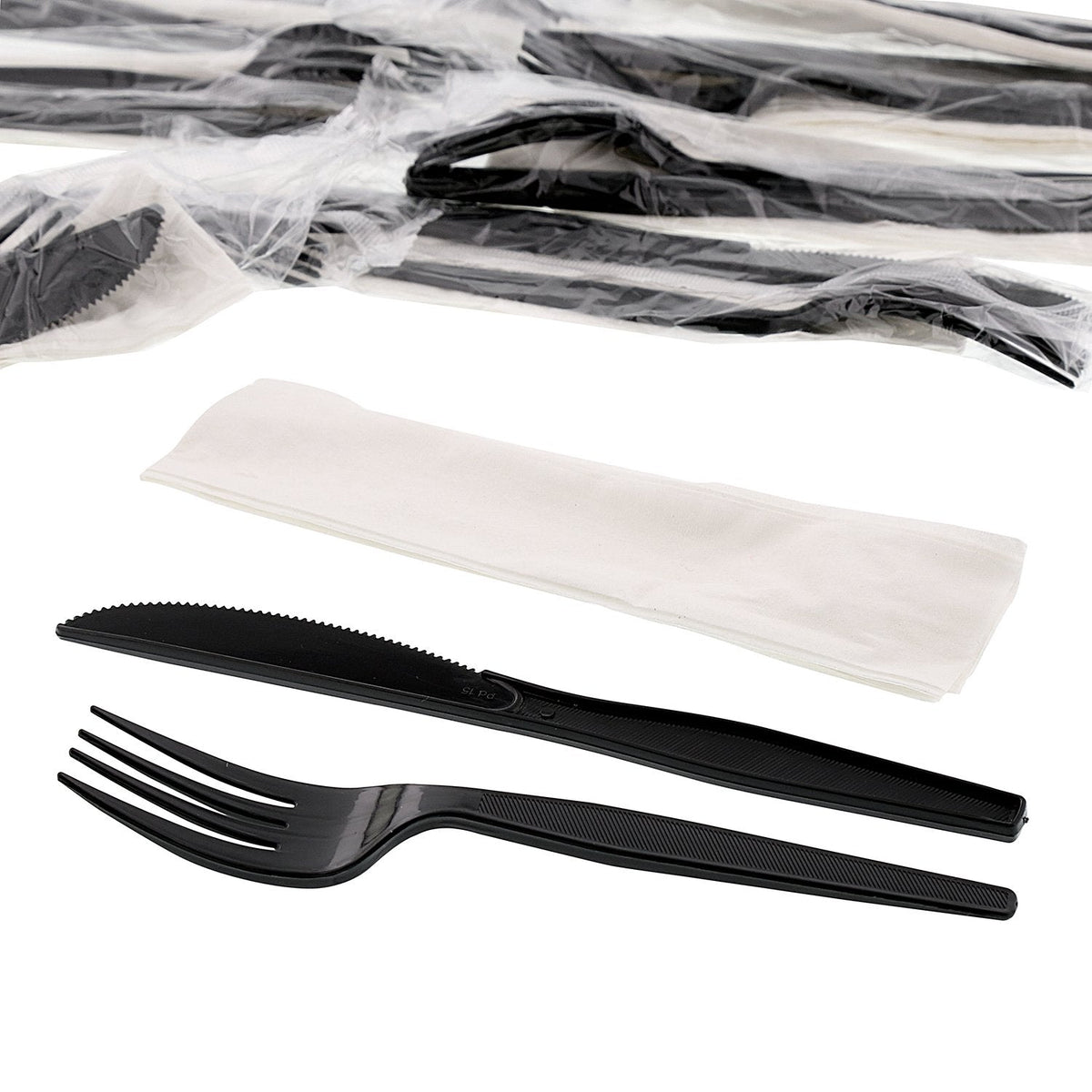 AmerCareRoyal 3-in-1 Disposable Silverware Medium Heavy Weight Plastic Utensil Set with Fork, Knife and 12x13 inch Napkin - Individually Wrapped Cutlery Meal Kit, Black, Case of 500