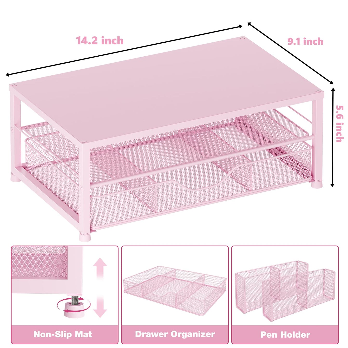 OPNICE Desk Organizers and Accessories, 2-Tier Computer Monitor Stand Riser with Drawer and 2 Pen Holders, Laptop Stand, Office Desk Accessories & Office Decor for Women, Pink