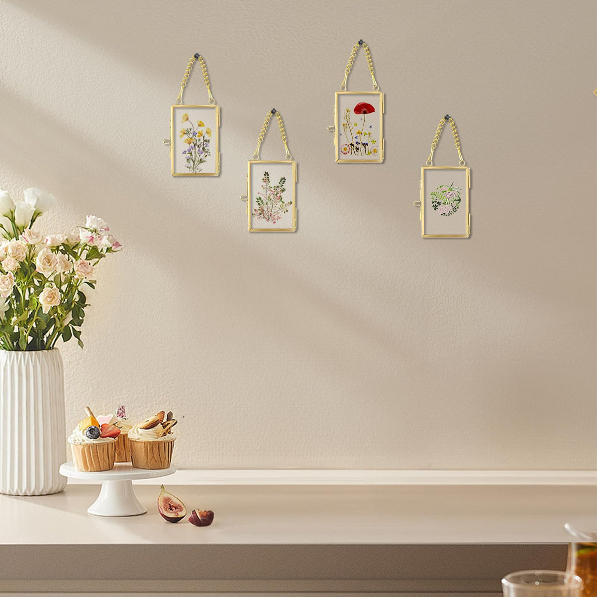 FOCHIER F 4 Pcs Pressed Flower Frame with Tweezers, Wall Hanging Tabletop Display Double Glass Frames with Metal Chain for Pressed Dried Flowers Plants, Horizontal and Vertical Picture Frame, Gold, FRAMES ONLY
