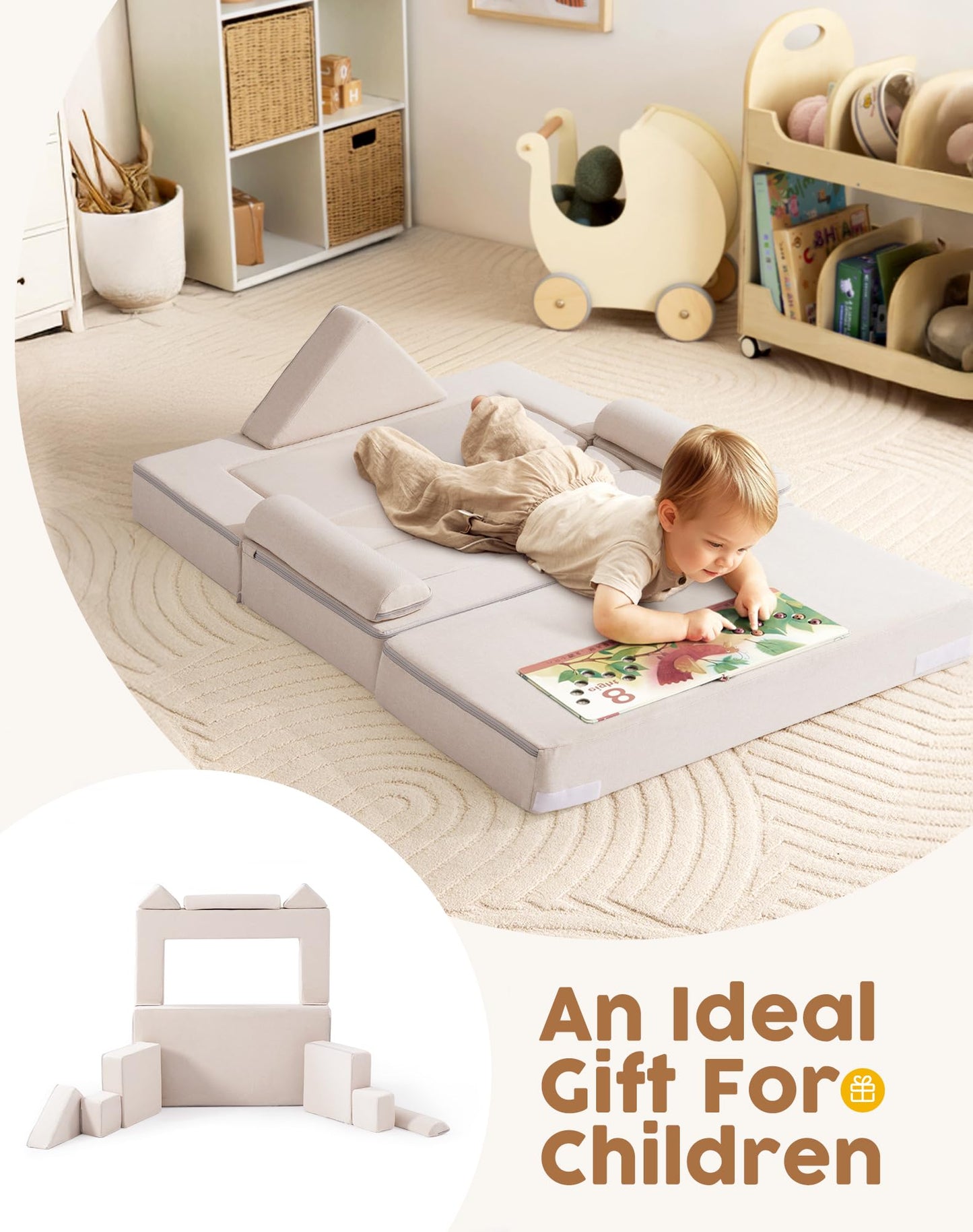ROBUD Kids Couch, Beige Modular Kids Play Couch, DIY-Style & Washable Toddler Sofa for Playroom, Bedroom, Nursery, WG411