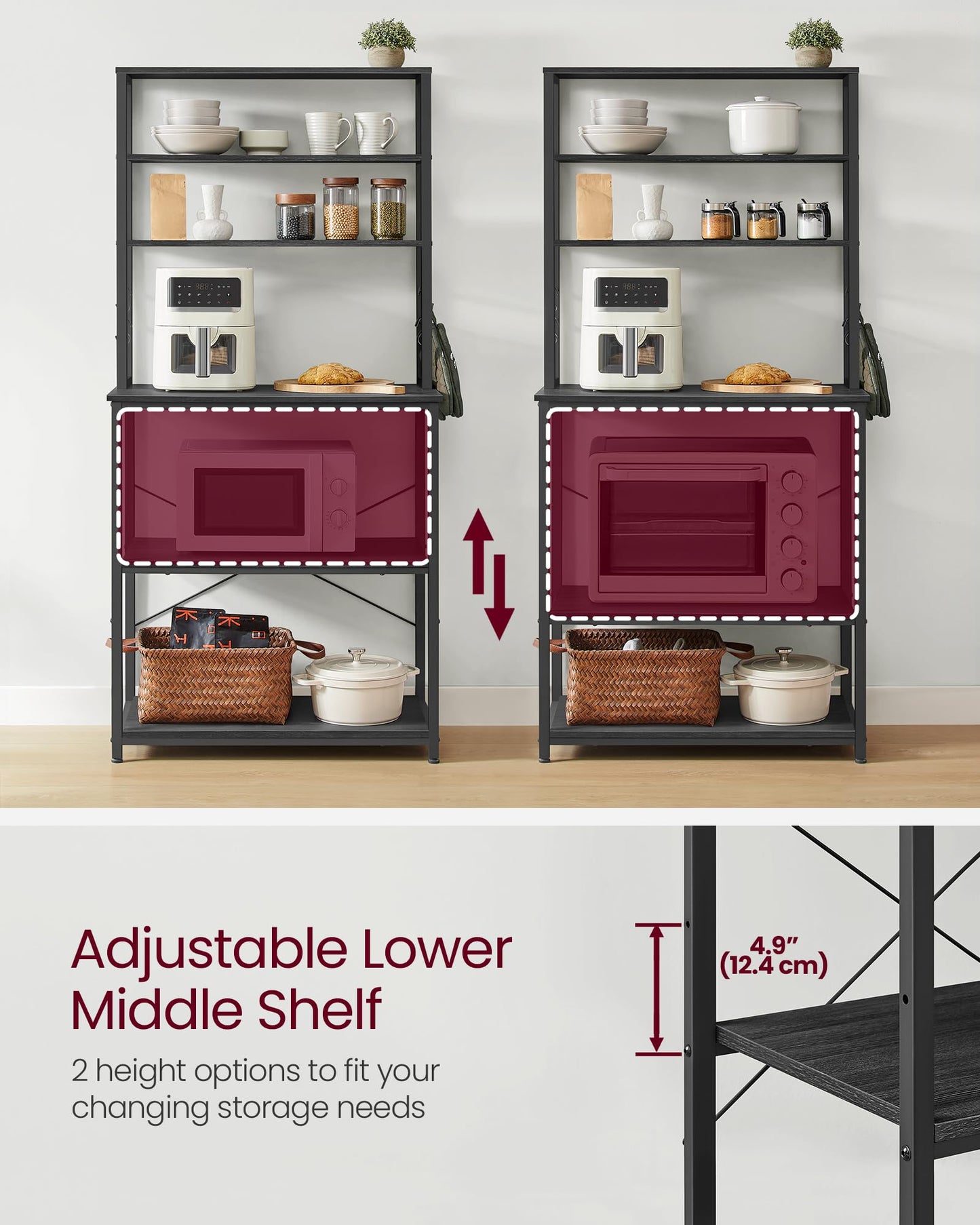 VASAGLE Coffee Bar, 31.5 Inches Baker's Rack for Kitchen with Storage, 6-Tier Kitchen Shelves with 6 Hooks, Microwave Stand, Industrial, Charcoal Gray and Ink Black UKKS019B22