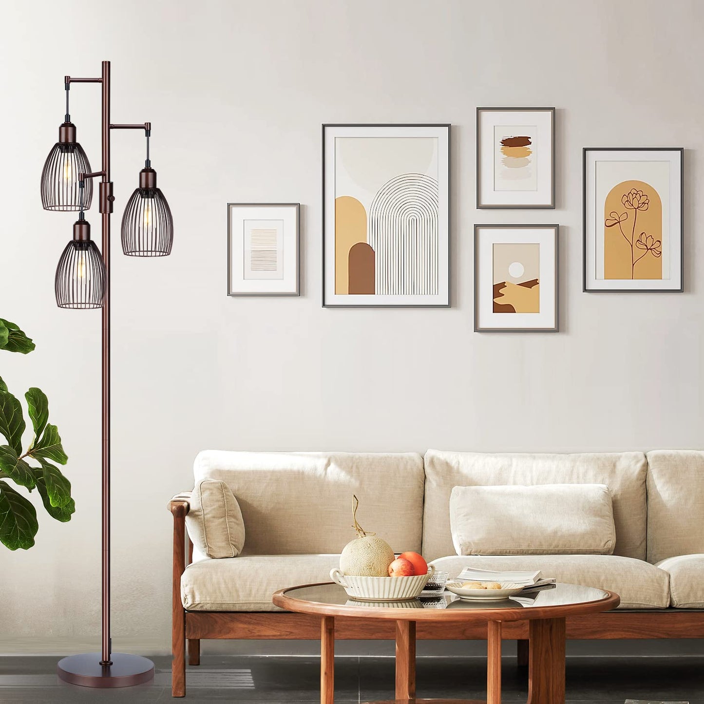 Torondo Dimmable Floor Lamp, Industrial Floor Lamps for Living Room, Brown Tree Lamp Standing Lamp Tall Lamps with 3 Elegant Teardrop Cage Head & 800 Lumens LED Bulbs for Living Room Bedroom Office