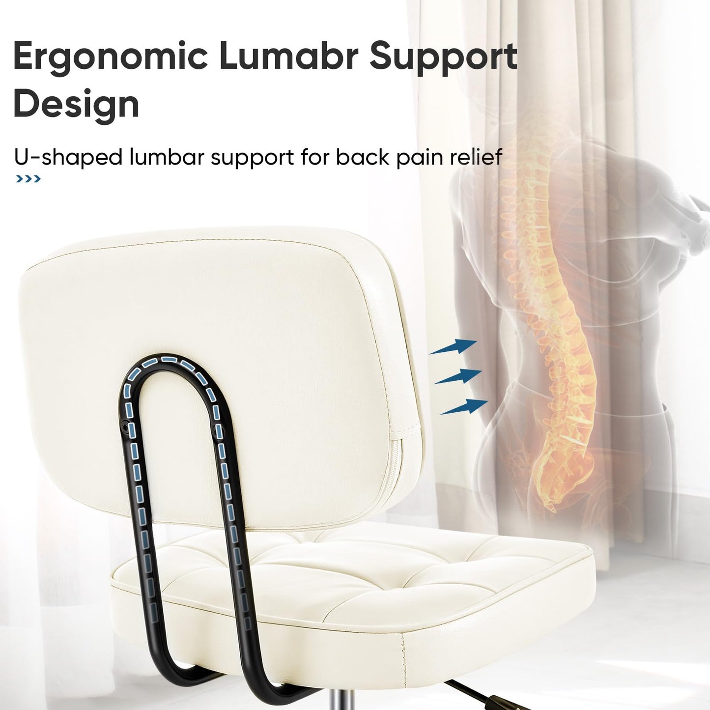 DUMOS Home Office Desk Chair - Ergonomic Armless PU Leather Computer Rolling Task Chair，with Comfy Lumbar Support and Height Adjustable, Vanity, Bedroom, Living Room, Beige