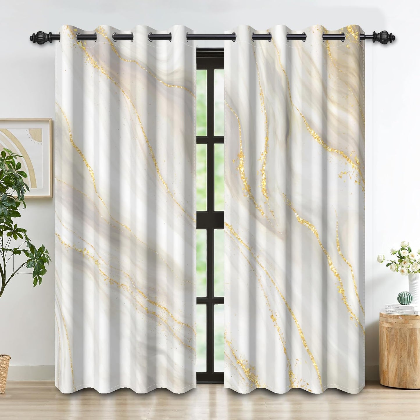 DASHAN White Gold Marble Blackout Curtains for Bedroom 84 inch Long 2 Panels Elegant Luxury Window Curtains for Living Room Grey Beige Room Darkening Curtains Window Treatment Drapes 52Wx84L