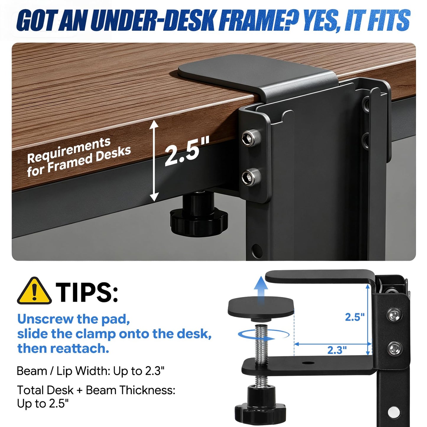 TooCust Adjustable Under Desk PC Mount, Heavy Duty No Drilling Clamp Mount on Desk (5.5 to 9.8 Inch Wide) - Thickened & Ultra Strong Fits Large PC Tower, Standing Desk PC Mount, Black