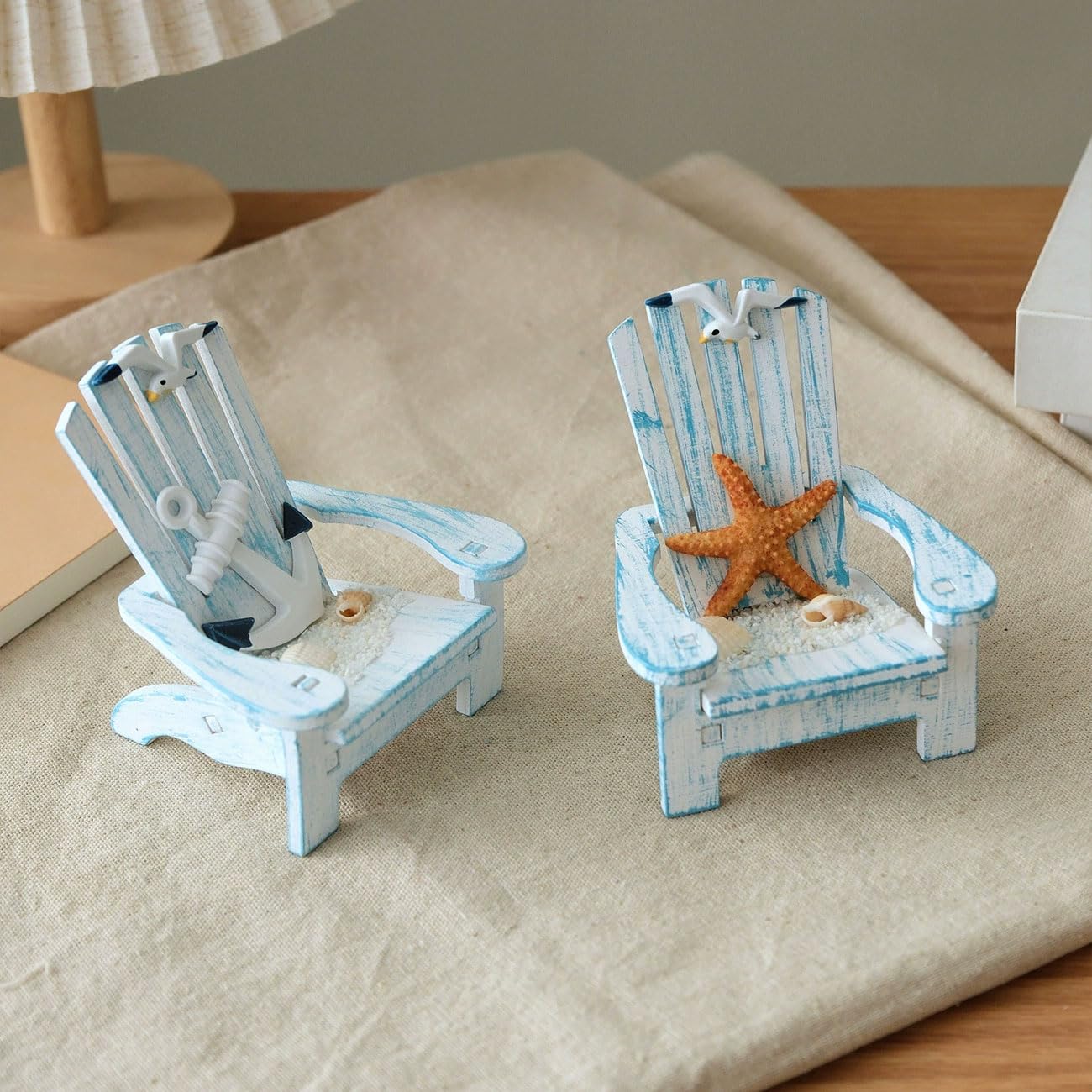Veridian Living 2 Pack Wooden Handmade Mini Chair Jewelry Box Summer Beach Room Decor Hawaiin Nautical Theme Decoration for Home Office Desk (Anchor)
