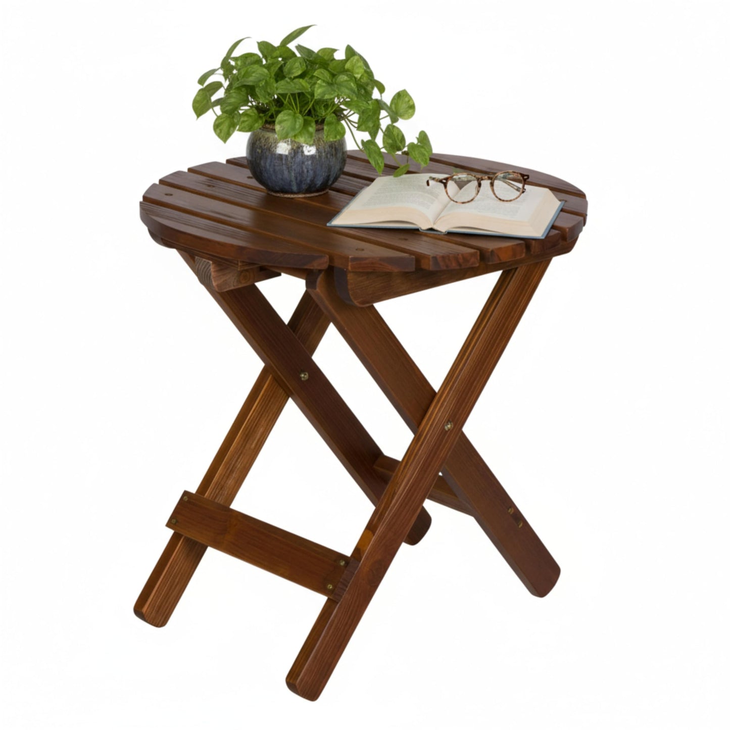 Shine Company Round Wooden Folding Solid Wood Side Table, Outdoor Adirondack Small Patio Table, Oak