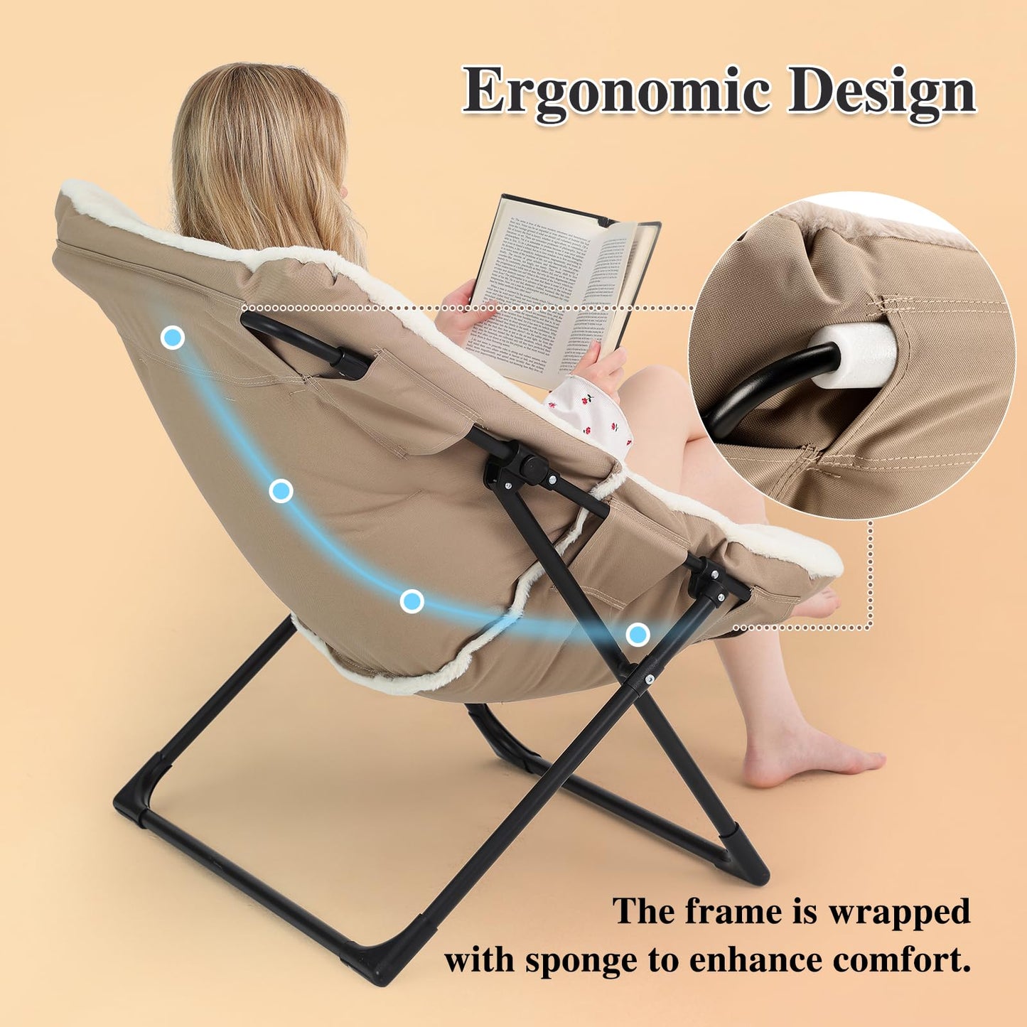 Mordchil HF Comfy Saucer Chair for Adults, Soft Faux Fur Bedroom Chair, Accent Dorm Chairs, Flexible Living Room Reading Chairs, Oversized Folding Seat for Teens, X-Large, Beige