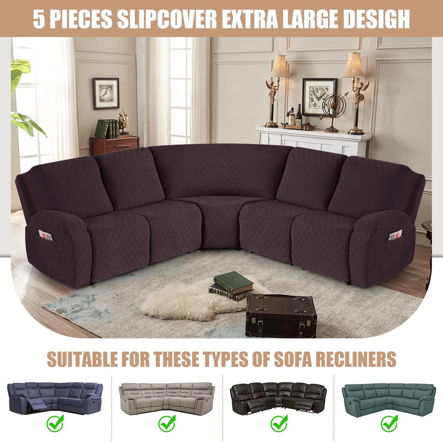 VANSOFY Extra Large Reclining Sectional Couch Covers, Washable 5-Piece Sofa Covers for L Shape Sectional Sofa Corner Seater, Thick, Soft Sofa Slipcovers (5 Seat Recliner Cover, Chocolate)