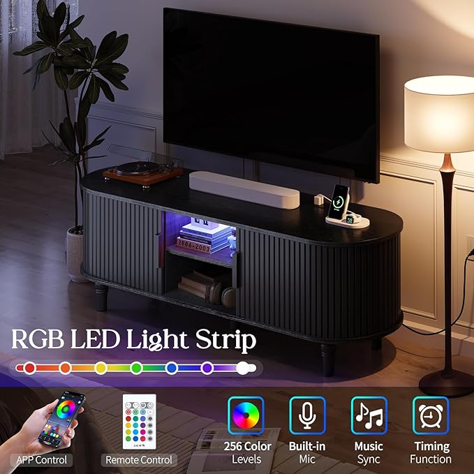 TV Console with Power Outlet-55" Entertainment Center with Sliding Tambour Door