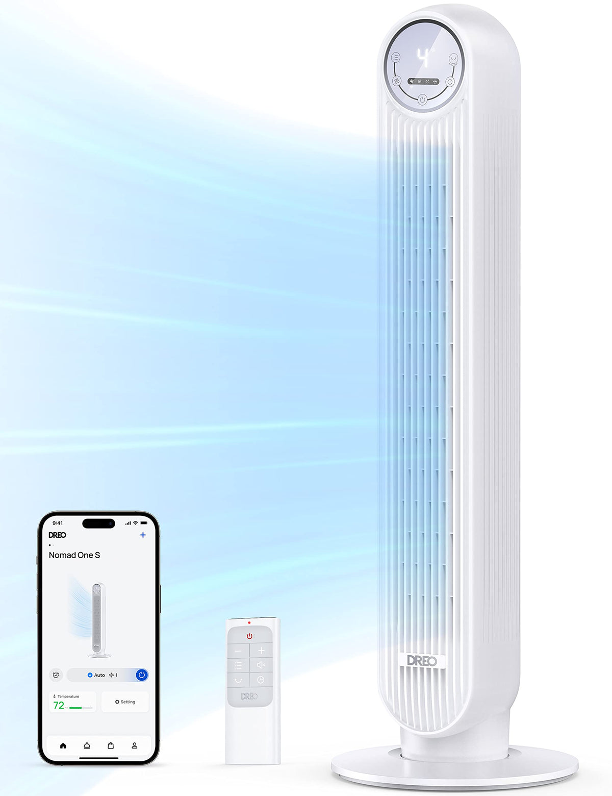 DREO Tower Fan for Bedroom, 25ft/s Smart Standing Fans, 90° Oscillating Floor Fan with 4 Modes, 4 Speeds, 8H Timer, 28dB, Bladeless, Remote, Works with WiFi Voice Control