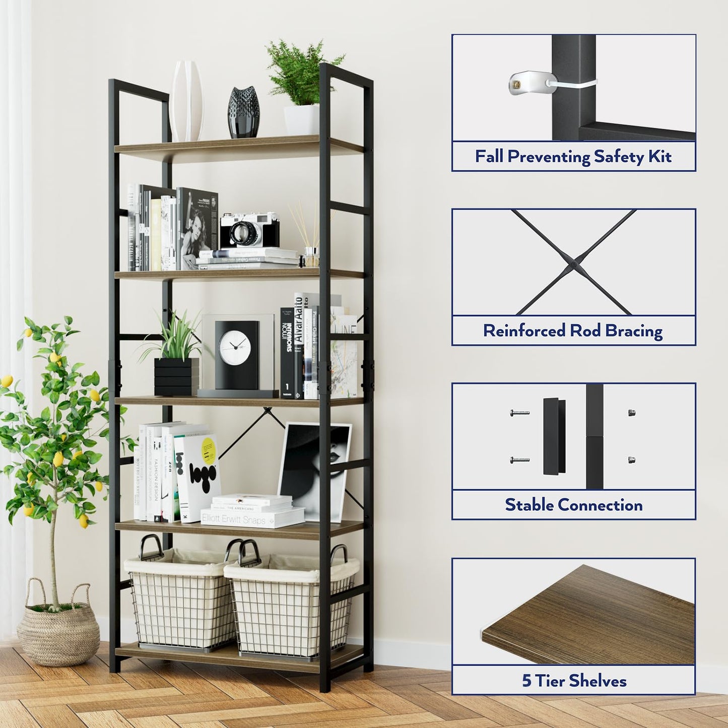 NUMENN 5 Tier Bookshelf, Tall Bookcase Shelf Storage Organizer, Modern Book Shelf for Bedroom, Living Room and Home Office, Dark Walnut