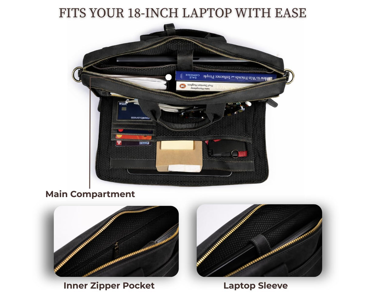 NomadCraftsCo. Black Leather Messenger Bag for Men, Genuine Leather Briefcase, 18 Inch Work Satchel for Office, Travel, and Business Use