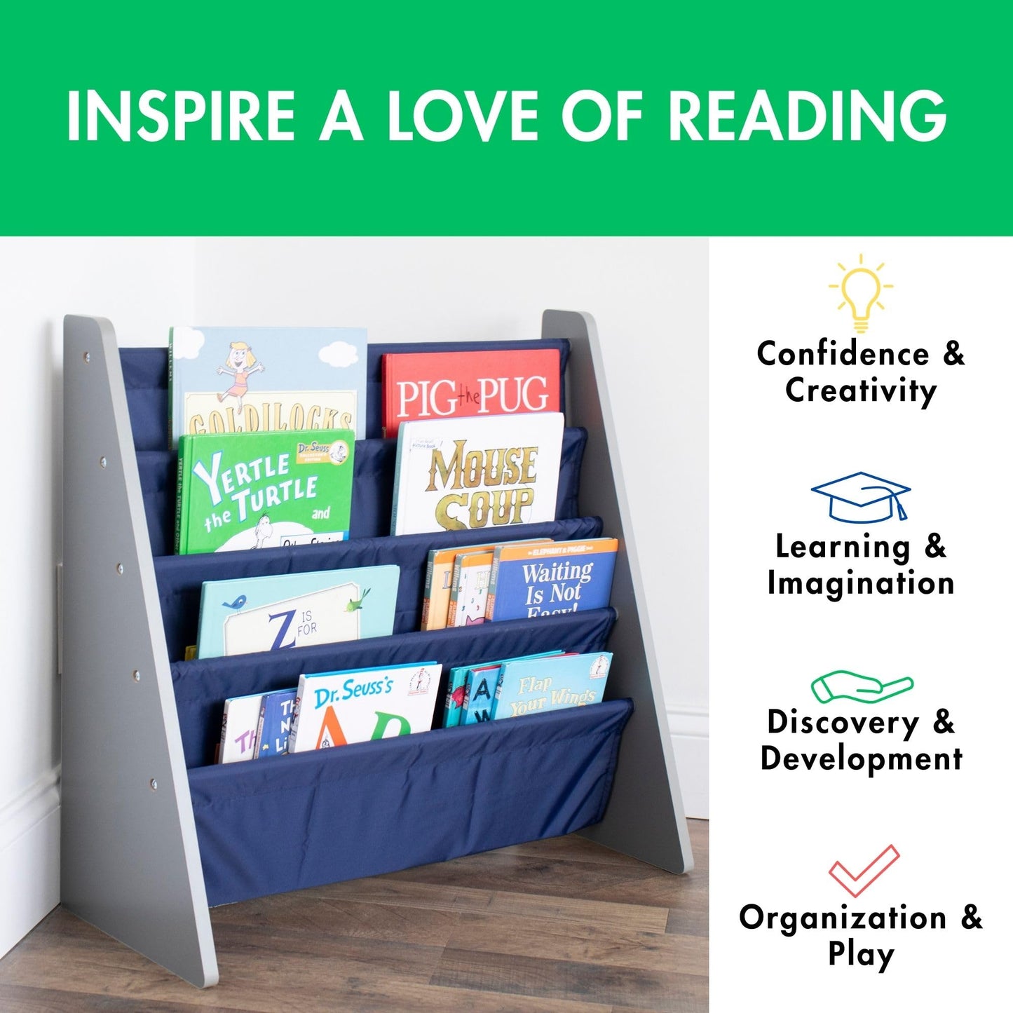 Humble Crew Kids Bookshelf, 4-Tier Front-Facing Book Display Organizer, Montessori Toddler Bookcase for Playroom, Bedroom & Reading Corner, Grey Wood/Navy