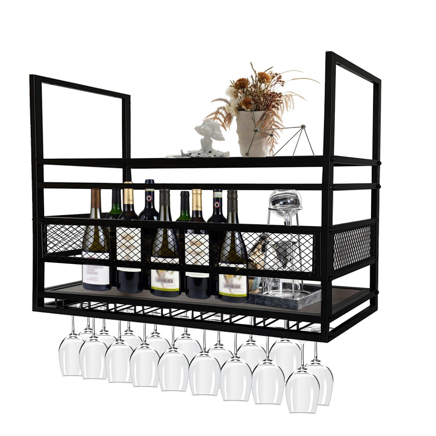 LWJQRSP 2-Tier Metal Hanging Wine Rack & Glass Holder - Stylish Wine Storage for Bar Restaurant Cafe & Kitchen - Black 80cm - Perfect for Wine Lovers & Entertainers