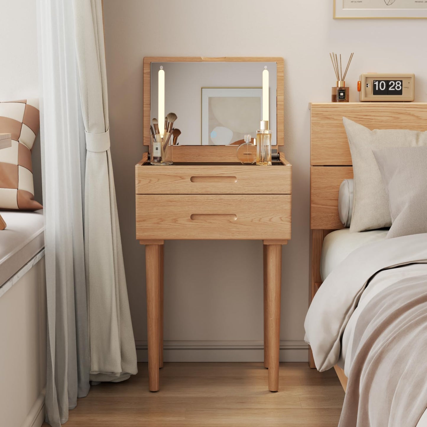 Muwuele Solid Wood Small Vanity Desk with Mirror and Lights, Narrow Makeup Vanity for Small Space, Flip Top Vanity Side Table, 3 Color Modes & Adjustable Brightness, 19.6" Slim Dressing Table, Natural