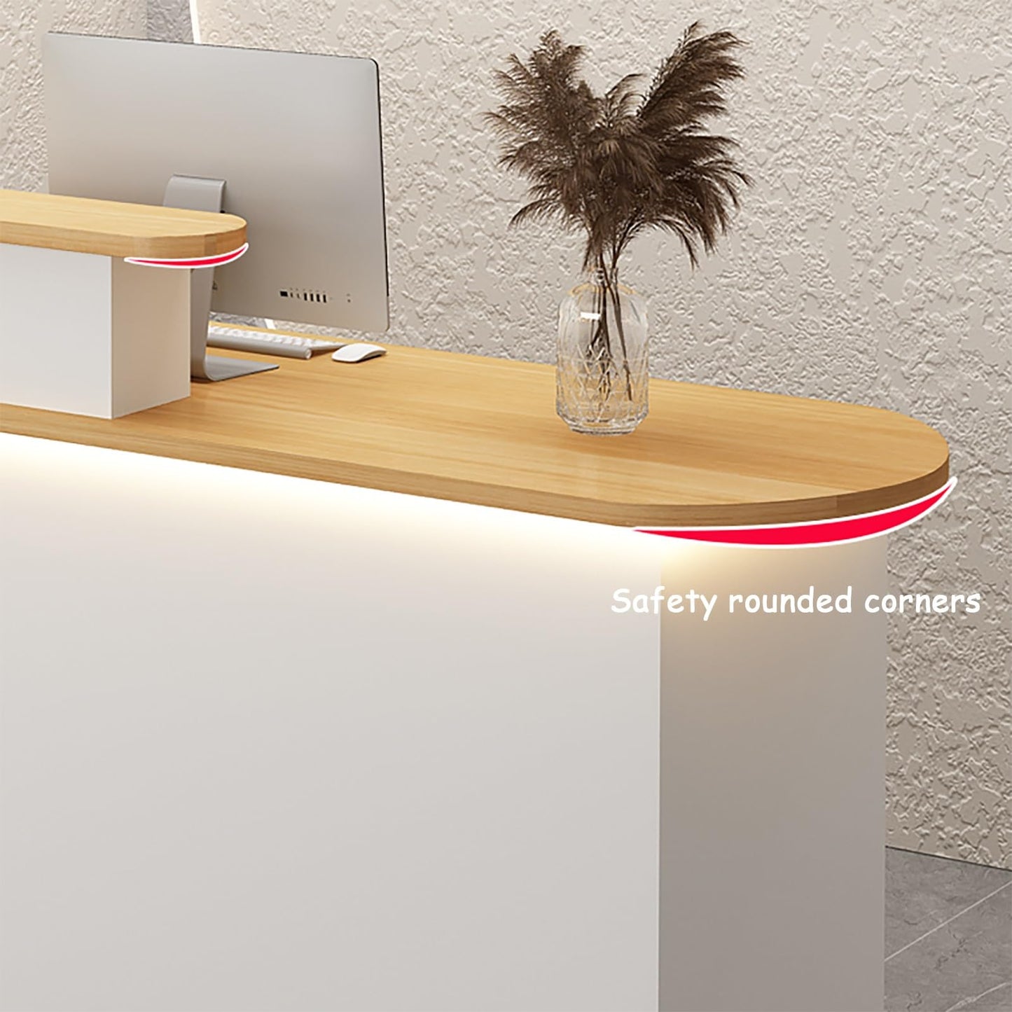 Modern LED Reception Desk with Keyboard Tray & Drawer - White Retail Checkout Counter Table (100x55x100cm) for Office, Salon, or Hotel