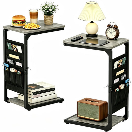 Wood Pedestal Couch End Tables Set of 2, TV Trays for Eating on Couch Tables that Slide Under, Dinner Snack Coffee Sofa C Shaped Side Table, Small Stand TV Tray for Couches Living Room, Grey ET-P-GY2