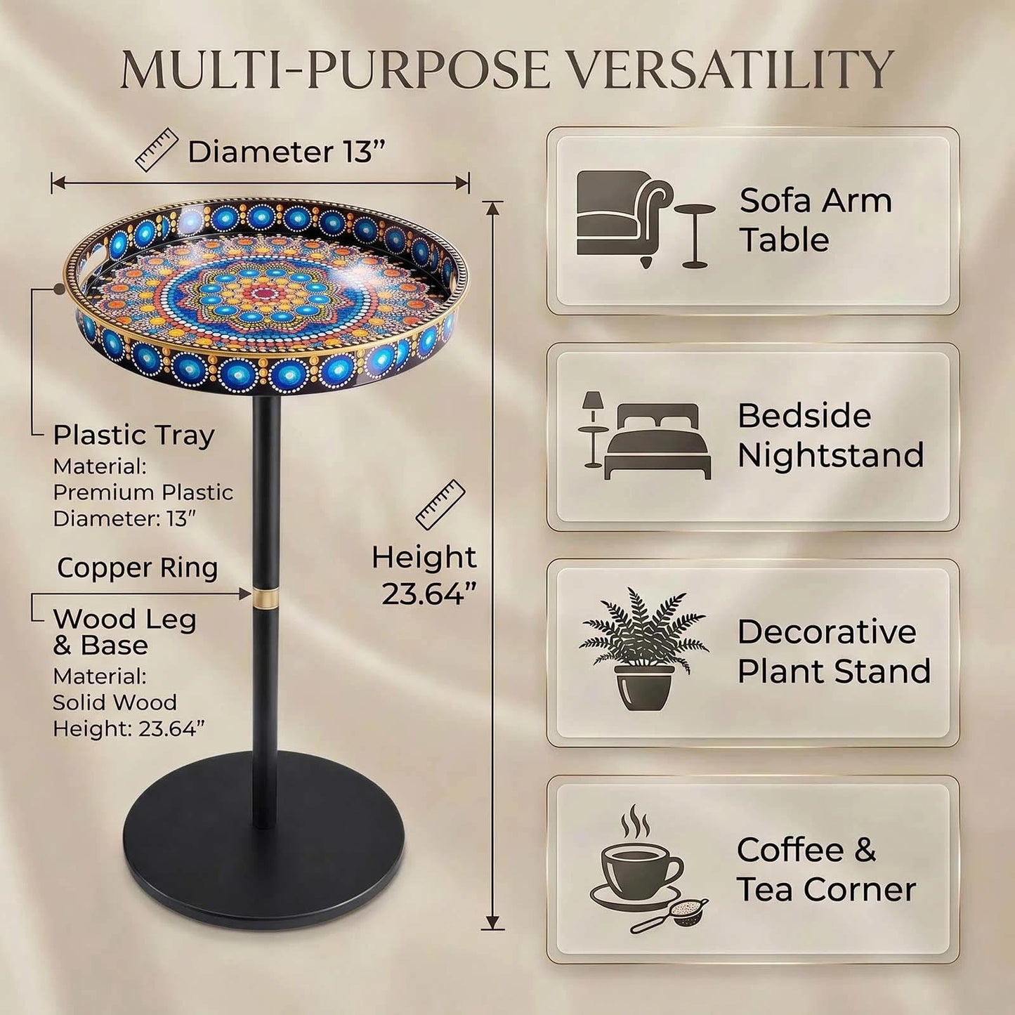 Gesodant Boho Single Leg Round Side Table with Tray Top, Pedestal Drink Table for Small Spaces, Aesthetic Accent Nightstand for Living Room, Bedroom, Corners, and Office (Peacock)