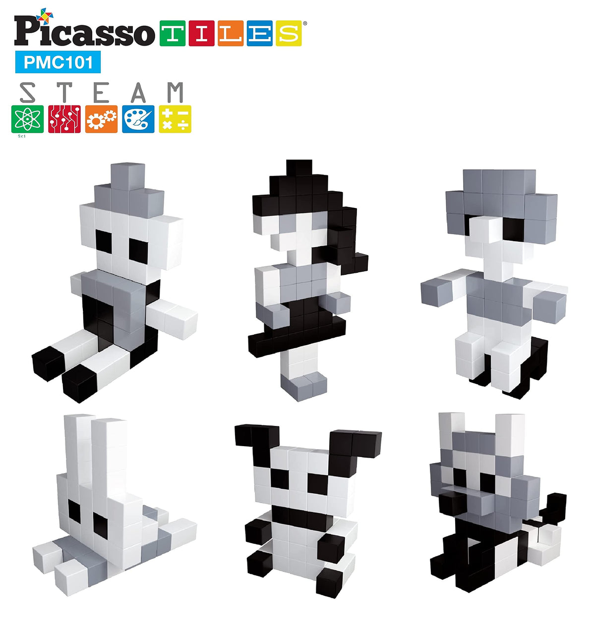 PicassoTiles 101pc Magnetic Puzzle Cube Set Black and White 1 Inch Construction Blocks STEM Educational Toy for Kids Age 3 Plus Sensory Learning Kit with Idea Book for Building and Creativity PMC101