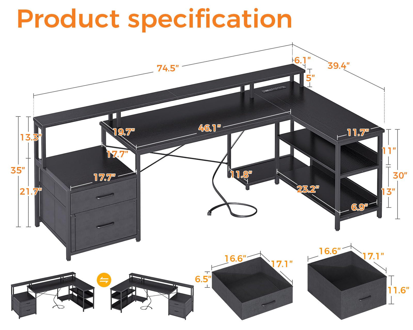 ODK 75" L Shaped Desk with File Drawers, Work from Home Office Desk with Power Outlet, Reversible Computer Desk with Storage Shelves, Gaming Desk with Monitor Shelf, Corner WFM Table, Black