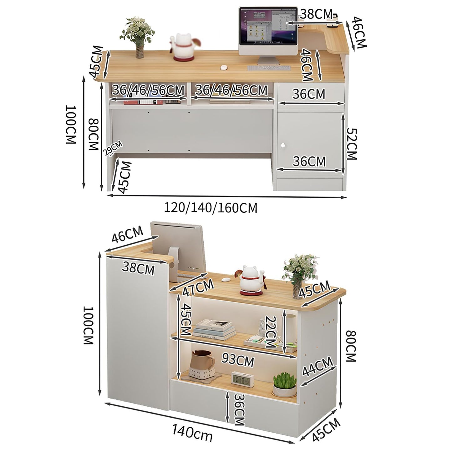 L Shaped Reception Desk - Modern Wooden Checkout Counter with Open Shelves and Drawers for Office, Hotel, Store, or Beauty Salon