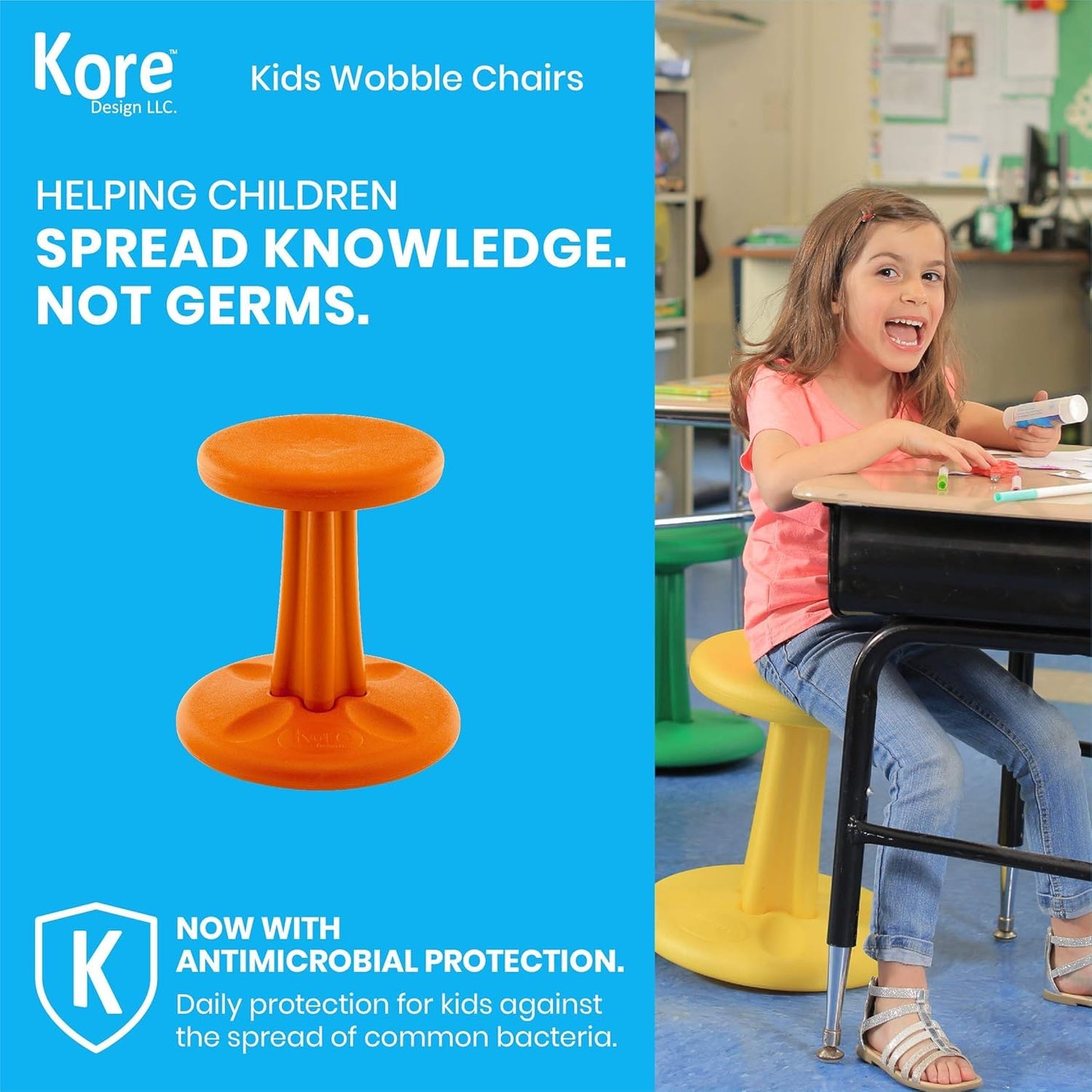 KORE Design Wobble Stool Chair, Girls + Boys Kid Desk Stools, Ergonomic Small Office Chairs, Flexible Seating for Active Child, ADD/ADHD, Classroom, School, Home, Kids (14in), Age 6-7 yrs, Orange