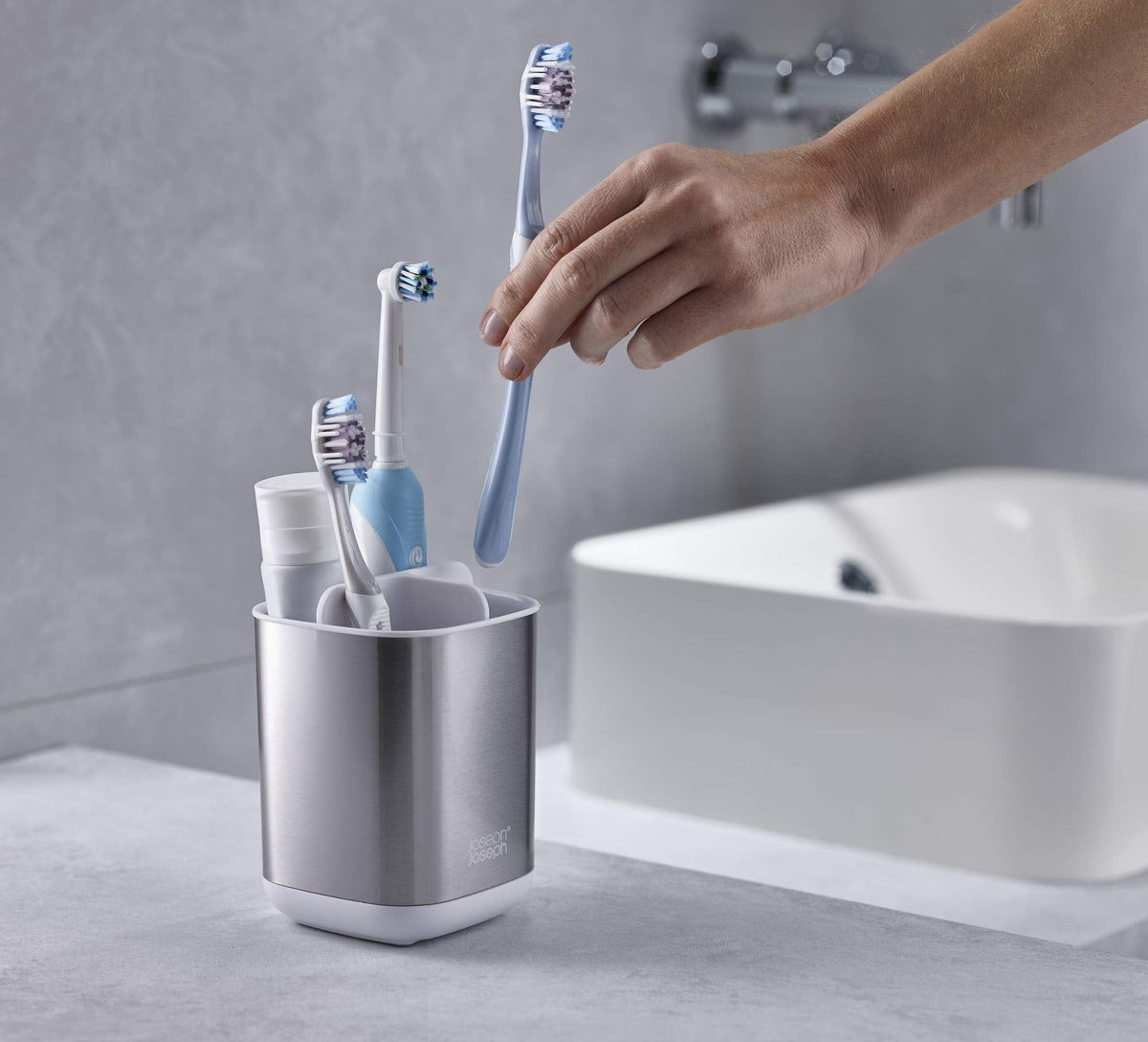 Joseph Joseph EasyStore Stainless-Steel Toothbrush Holder Bathroom Storage Countertop Organizer Caddy, Small