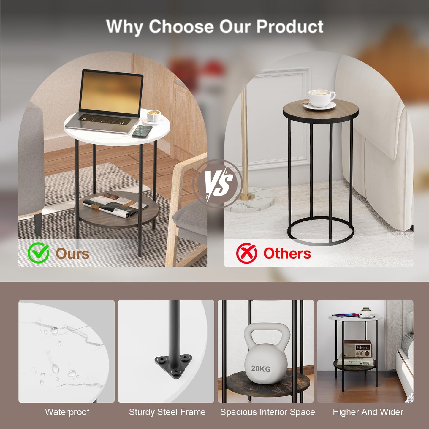 End Tables Living Room - Sturdy SideTable with Metal Frame, Modern Small Sofa & Bedside Table,Multi-Functional Round Coffee Table for Bedroom, Balcony, Sofa, Gym,Office