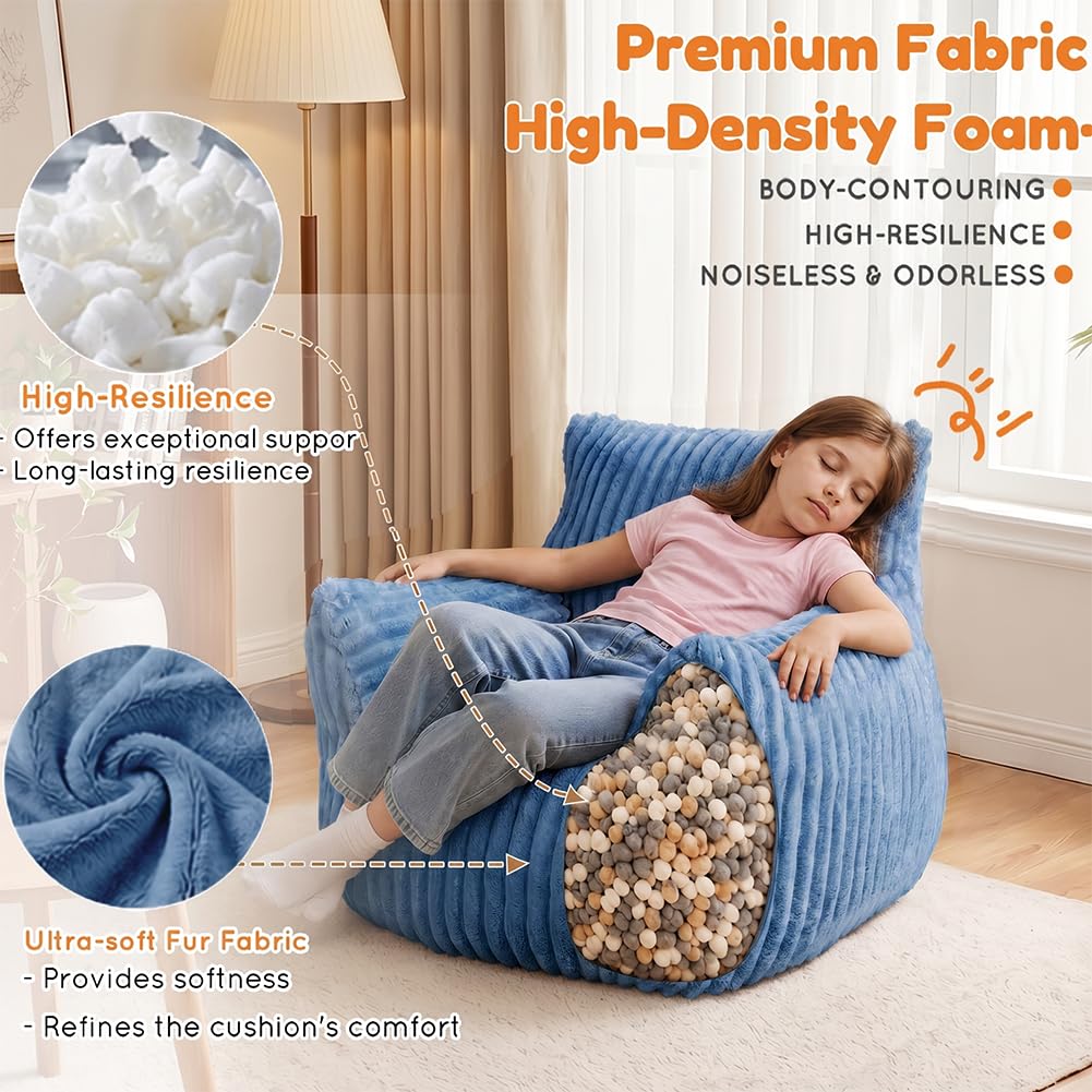 MaxiBean Bean Bag Chair - Plush Faux Fur Floor Seating Furniture Bean Bag Chair for Living Room, Bedroom, Playroom (2.5FT Stripe Blue)