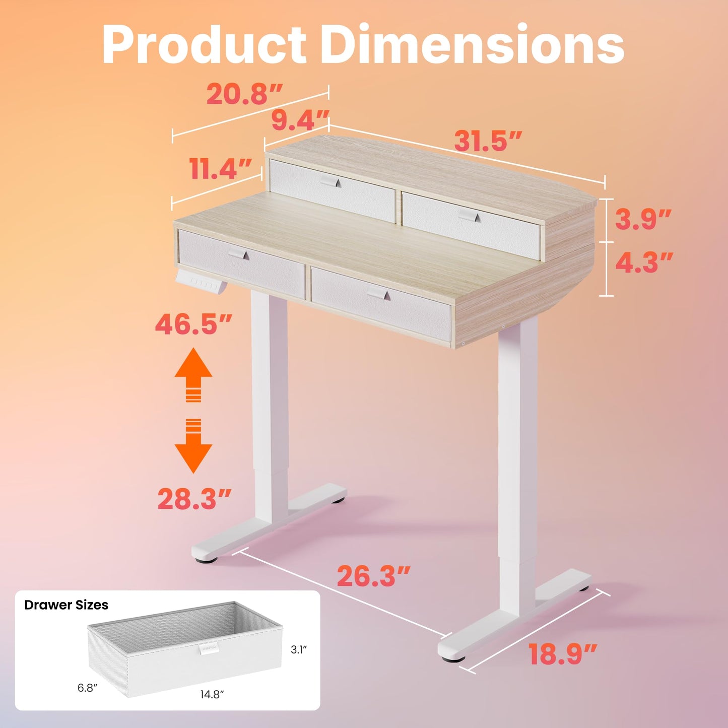 HUANUO 32 X 20 inch Electric Standing Desk with 4 Drawers, Adjustable Height Sit Stand Home Office Desk, C-Clamp Mount Compatible, Ergonomic Stand up Desk with 4 Preset Heights, Natural
