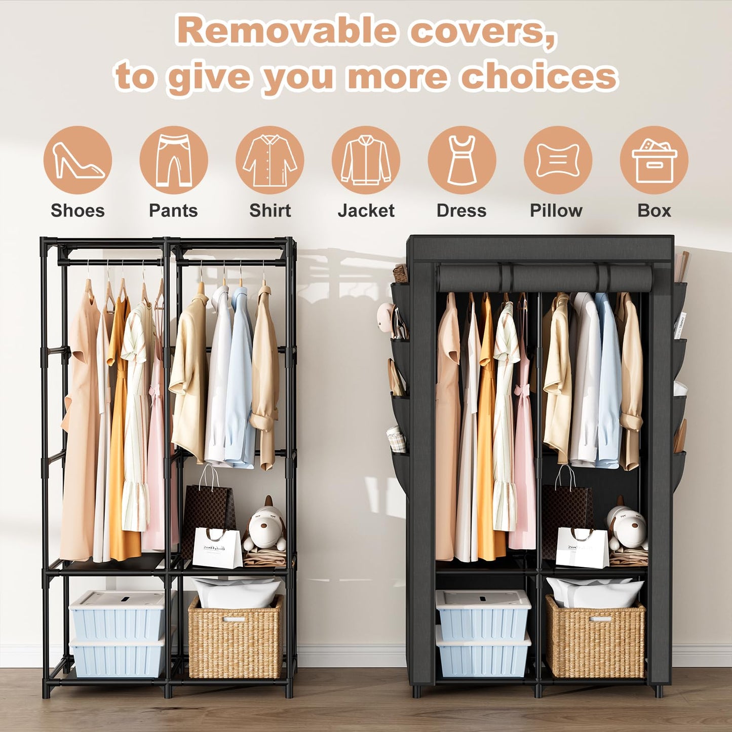 BrFoYu Portable Closet for Hanging Clothes, Portable Wardrobe Closet with Cover, 4 Storage Shelves, 2 Hanging Rods and 8 Side Pockets, Easy Assembly and Sturdy Free Standing Closet for Bedroom, Black