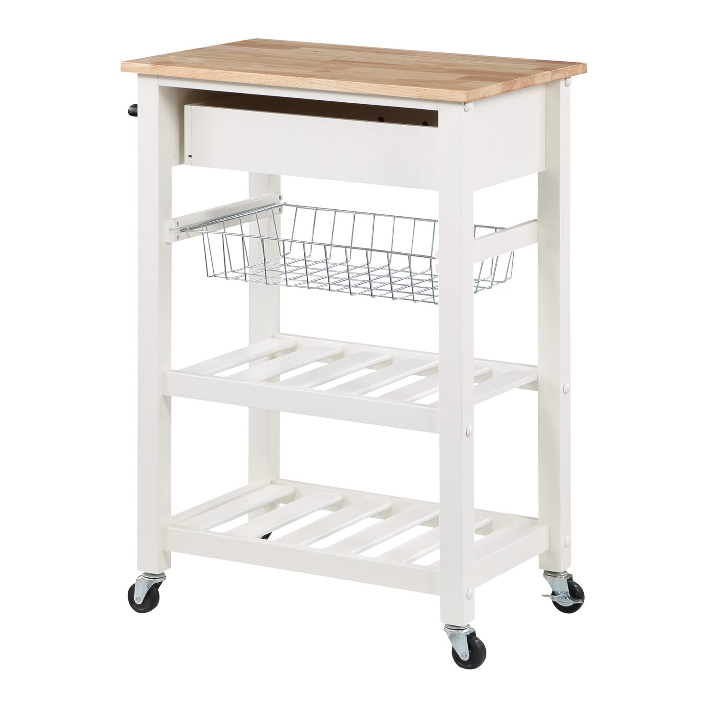 OSP Home Furnishings Hampton Kitchen Cart with Wood Top, Utensil Drawer, Under Cabinet Basket, and 2 Slatted Shelves, White Base