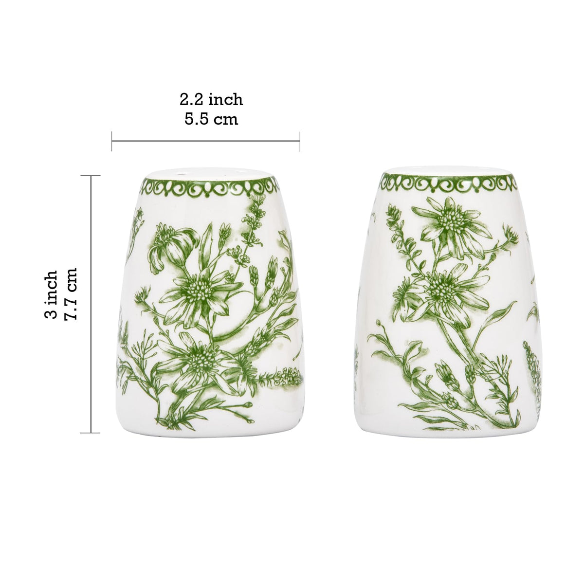 Bico Green Garden Toile De Jouy Ceramic Salt & Pepper Shaker Set, for Kitchen or Decor, Dishwasher Safe