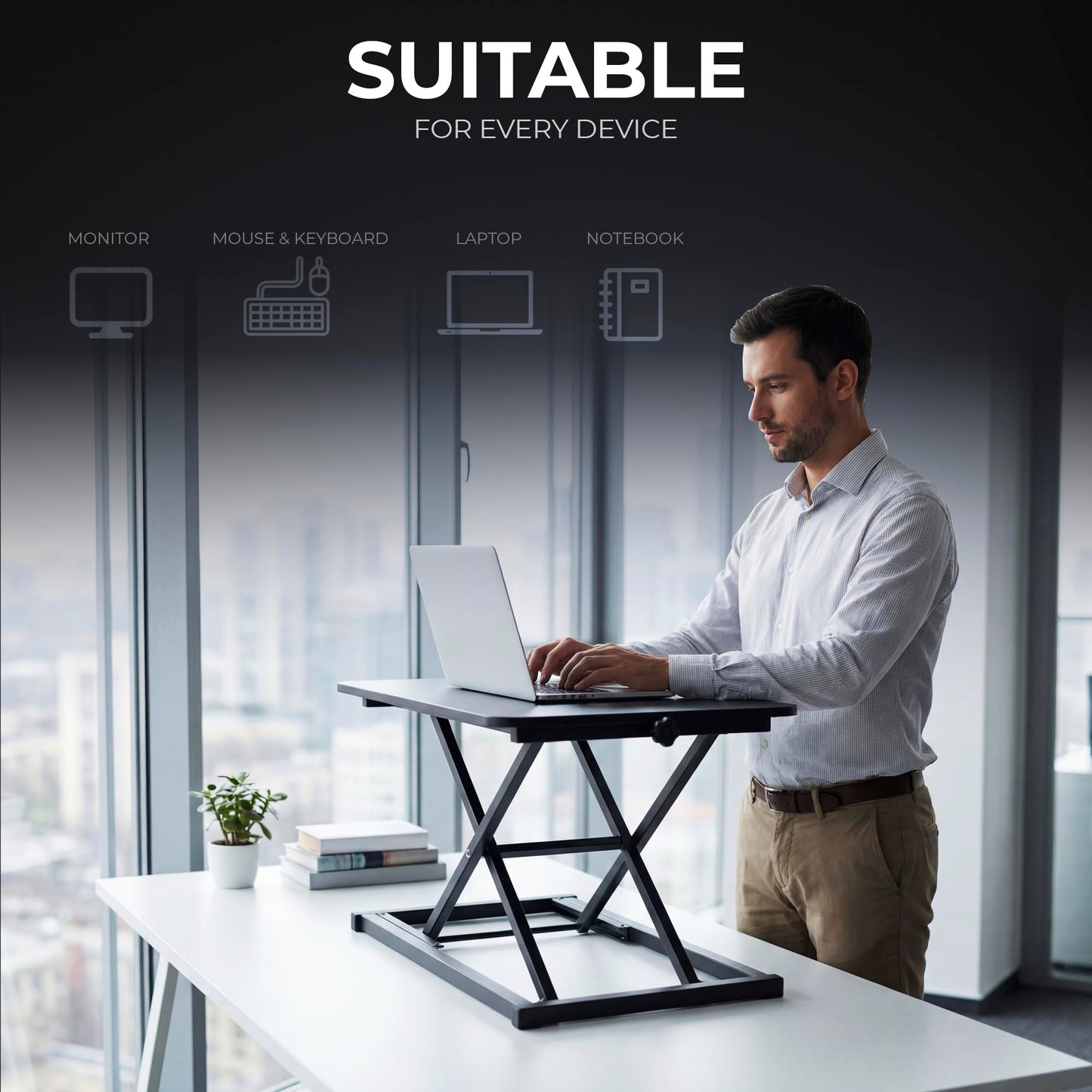 Venmark - Keyboard and Mouse Riser, Height Adjustable Standing Desk Converter, 24 x 12 Inch Computer Keyboard Stand with Stable X-Frame, Ergonomic Desktop Riser for Laptop, Typing & Office Work