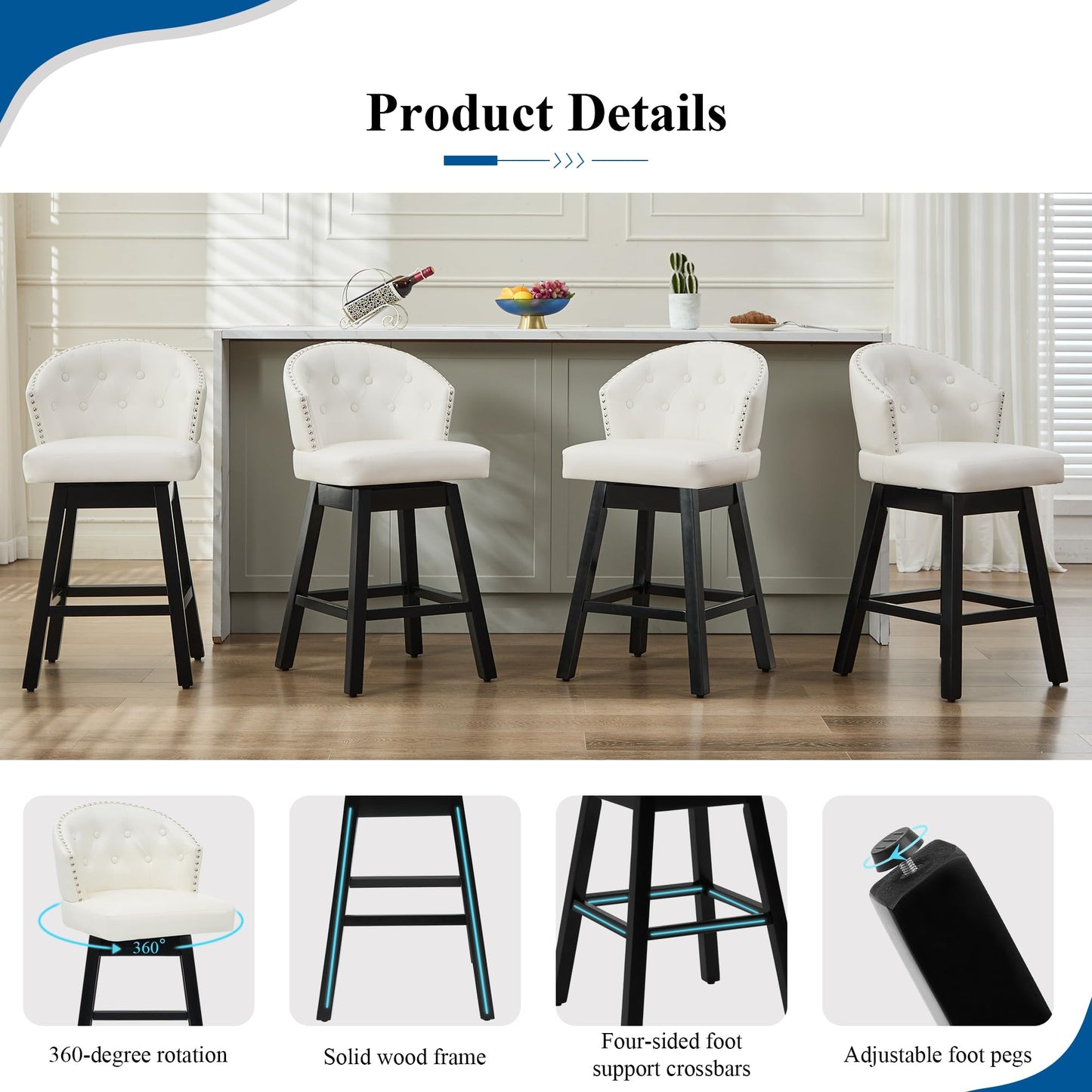 UDAX 26''Swivel Bar Stools Set of 2, Upholstered Barstools with Backs, Modern Counter Height Bar Stool Chairs for Kitchen Island, Wood Legs, Counter Stools