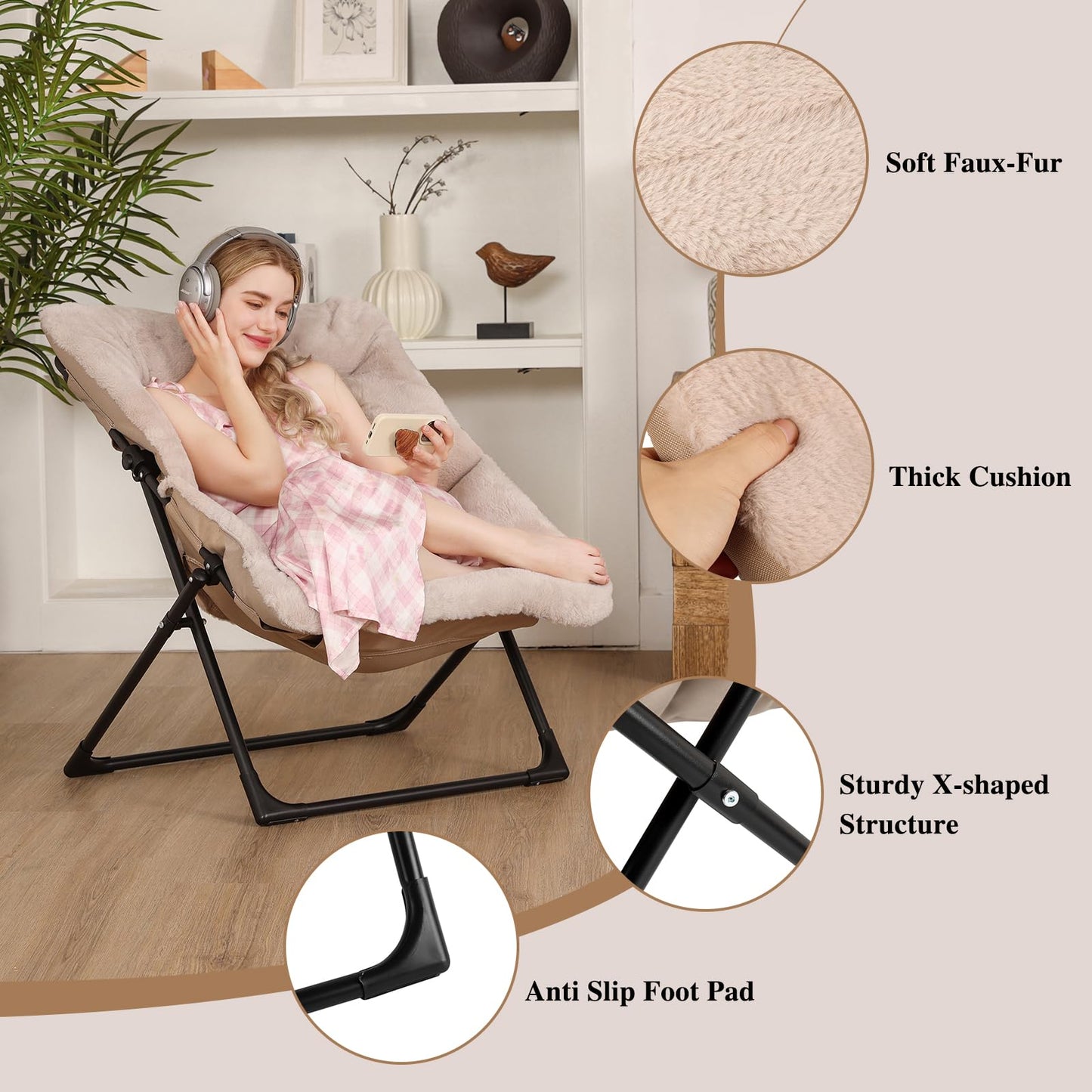 Mordchil HF Comfy Saucer Chair for Adults, Set of 2, Soft Faux Fur Bedroom Chair, Accent Dorm Chairs, Flexible Living Room Reading Chairs, Oversized Folding Lounge Seat for Teens, X-Large, Camel